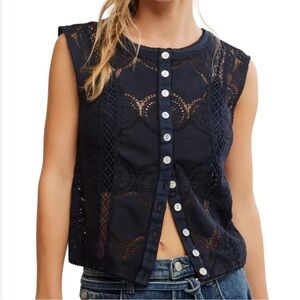 Free People Navy Sleeveless Lace Button-Up Blouse